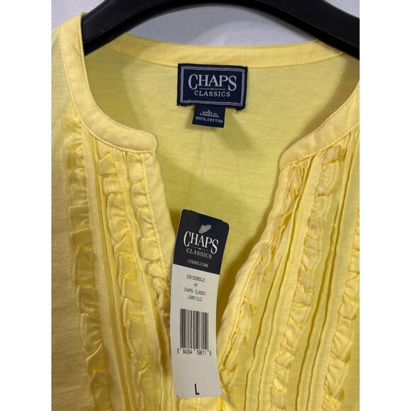 Chaps Womens Lemon Yellow 3/4 Sleeve Top Ruffle Detail Buttons L Cotton New - Picture 3 of 4